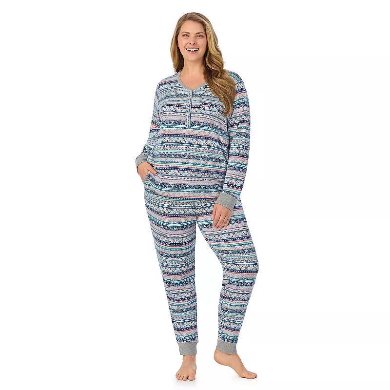 Plus Size Cuddl Duds Cozy Long Sleeve Henley Pajama Top & Pajama Bottoms Set, Womens Cream Brown Product Image