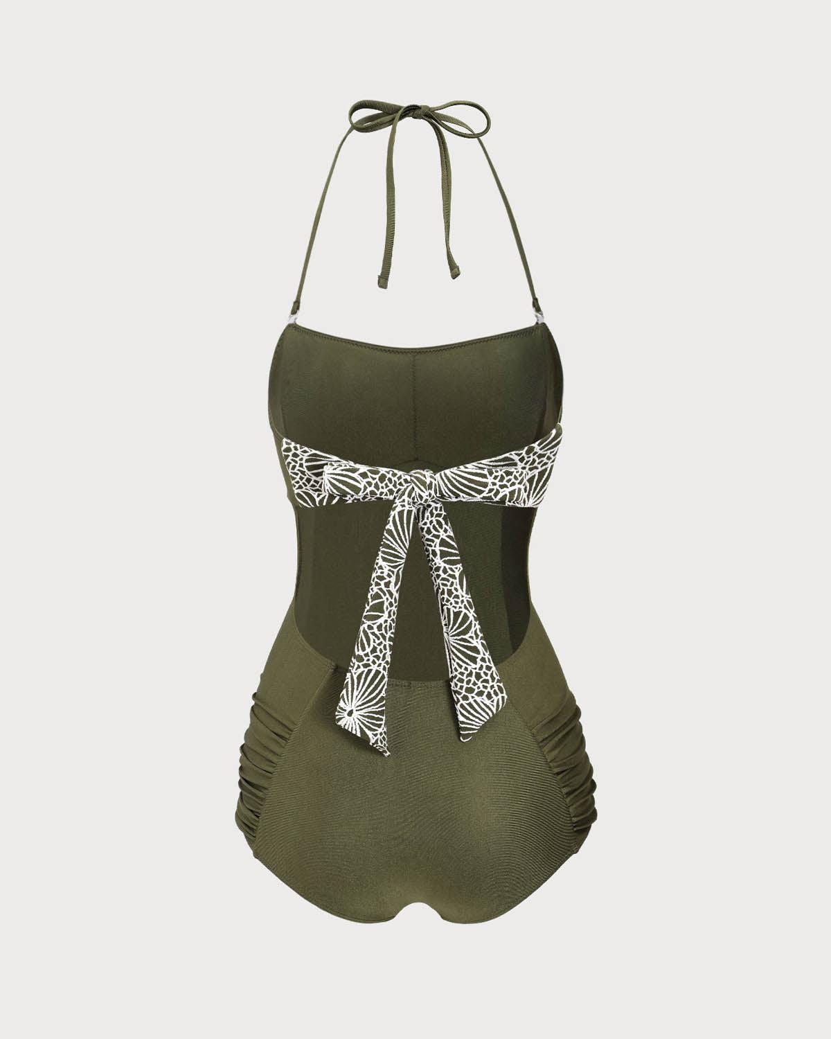 Green Ruched Halter One-Piece Swimsuit Product Image