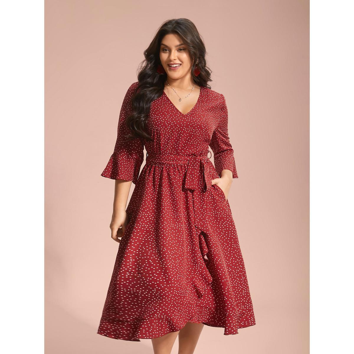 Plus Size Polka Dots Waist-Tie Ruffled Midi Dress Scarlet Women Romantic Overlapping V-neck Elbow-length sleeve Curvy BloomChic 26/4X Product Image