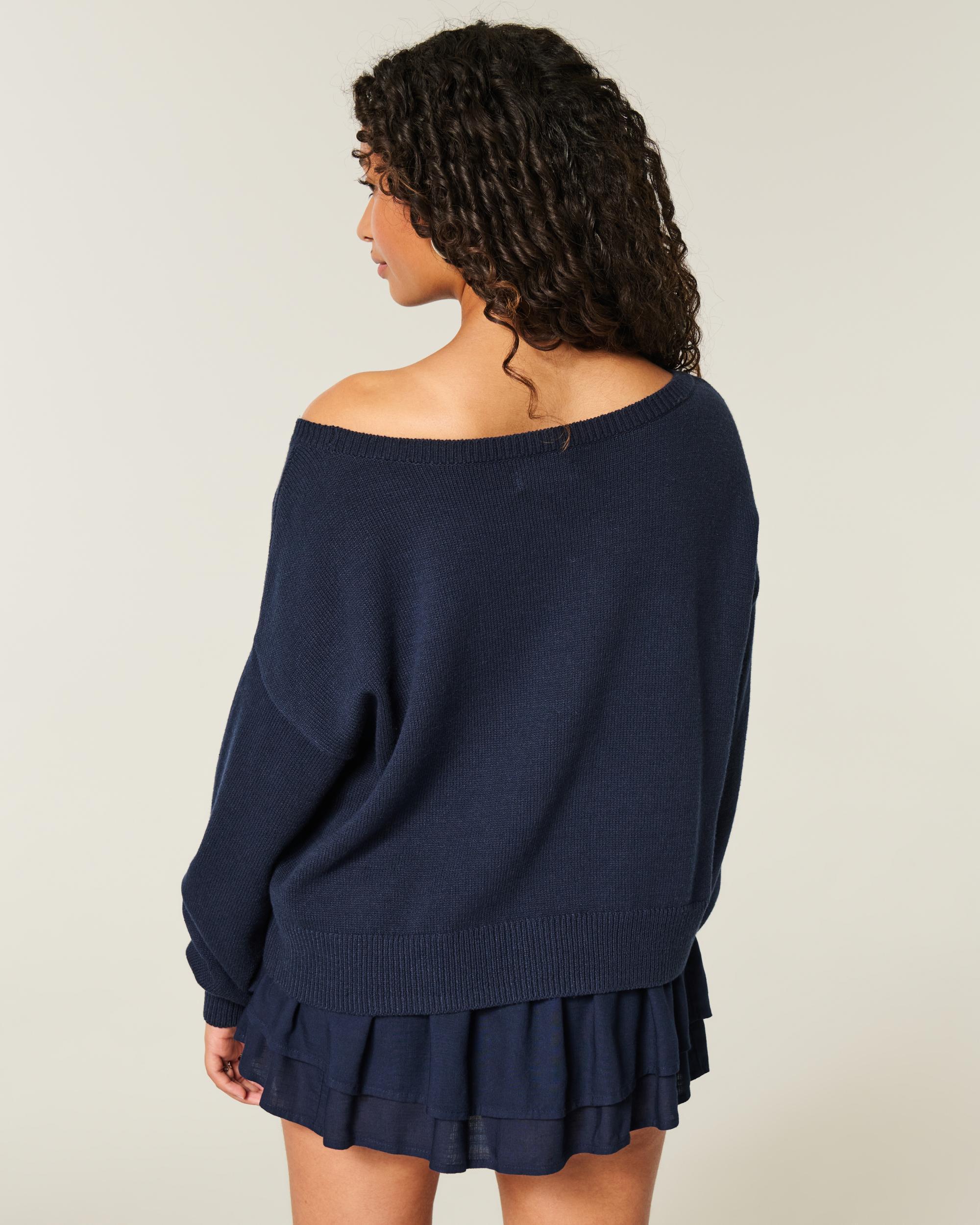 Easy Off-the-Shoulder Heart Flag Graphic Sweater Product Image