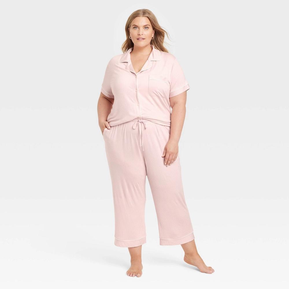 Womens Cloud Knit Short Sleeve Notch Collar Top and Cropped Pants Pajama Set - Auden /Striped 1X Product Image