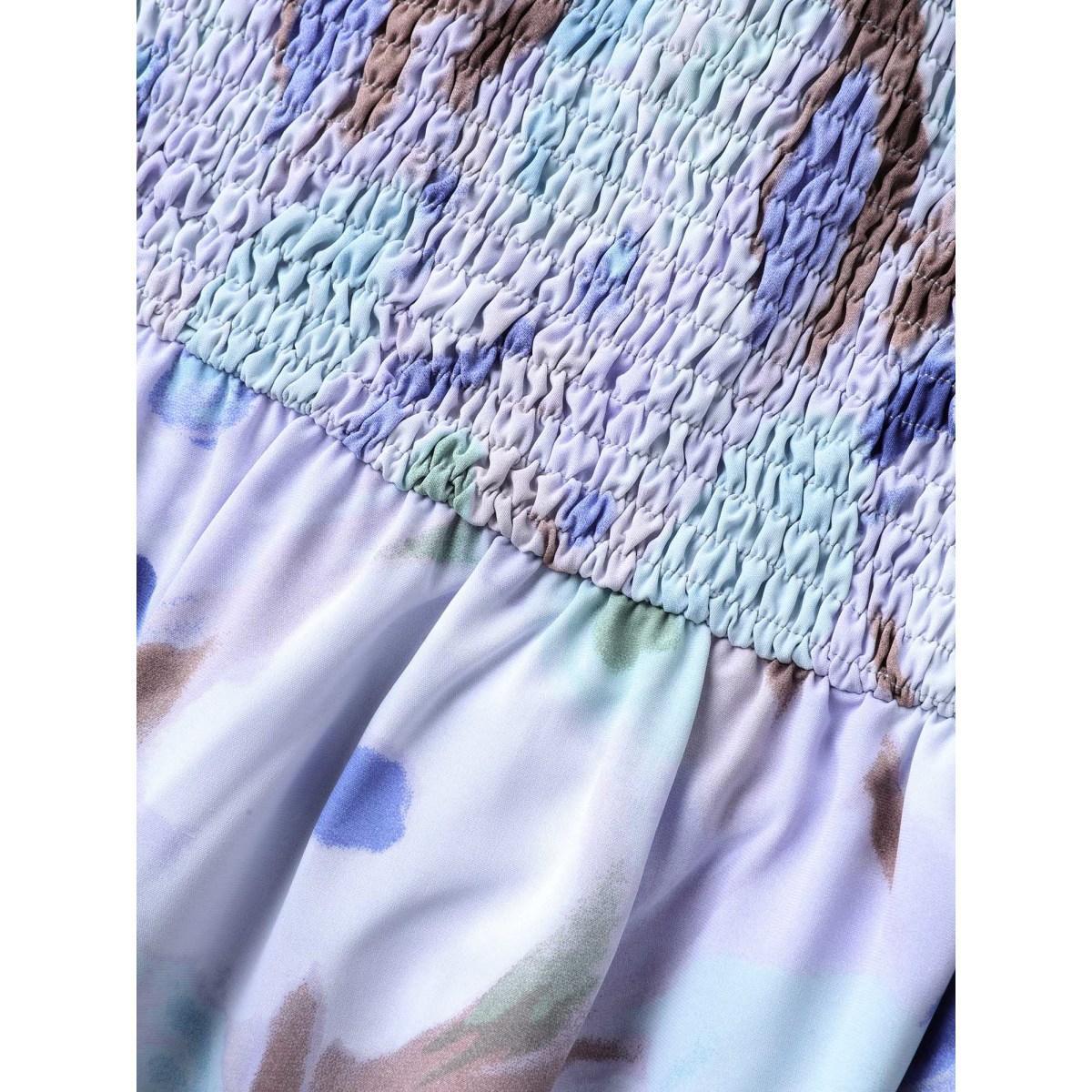 Plus Size Floral Pattern Shirred Pockets Midi Dress LightBlue Women Square Neck Short sleeve Curvy BloomChic 30/6X Product Image