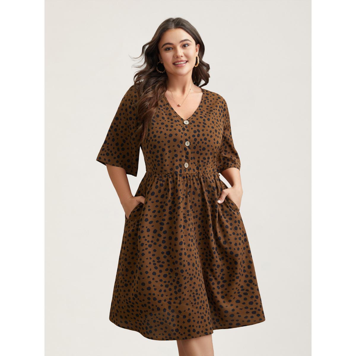 Plus Size Leopard Print Button Placket Midi Dress Browncoffeecolor Women Casual Button V-neck Half Sleeve Curvy BloomChic 14-16/1X Product Image