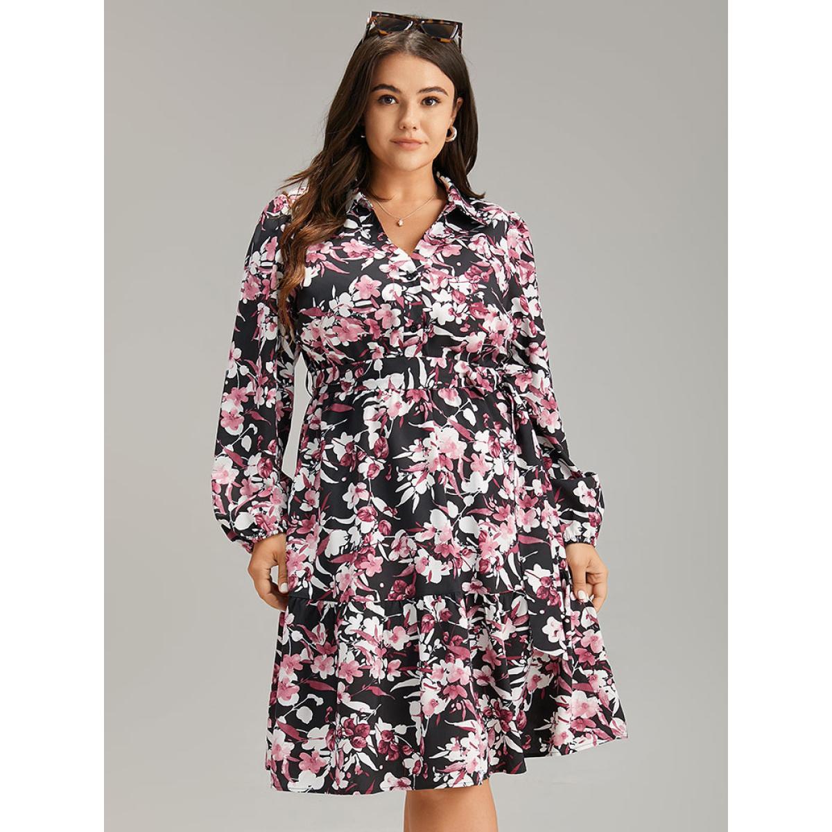 Plus Size Floral Print Belted Shirt Collar Dress Black Women Elegant Elastic cuffs V-neck Long Sleeve Curvy Knee Dress BloomChic 30/6X Product Image