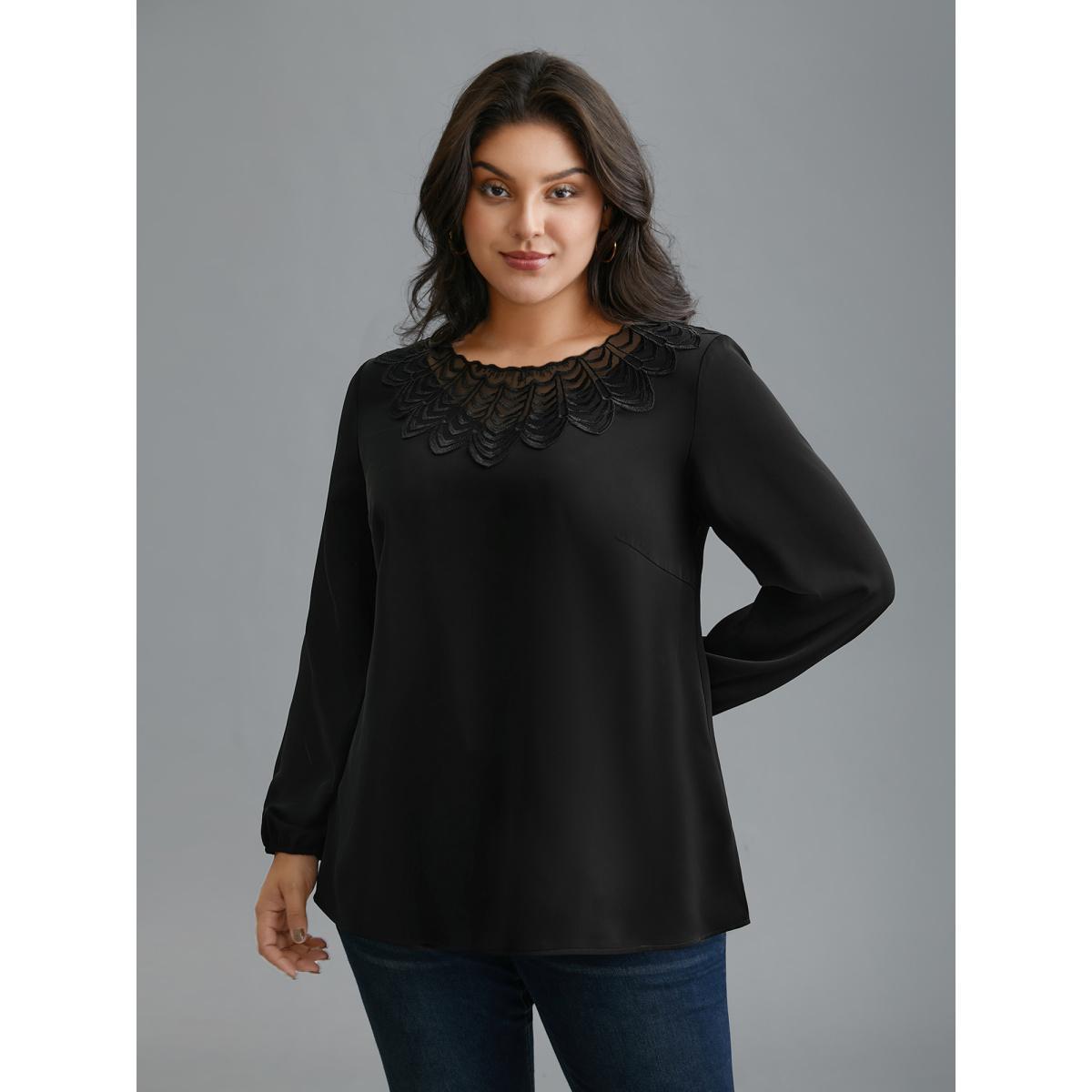 Plus Size Black Lace Trim Sheer Neckline Blouse Women Elegant Long Sleeve Round Neck Everyday Blouses BloomChic 26/4X Product Image