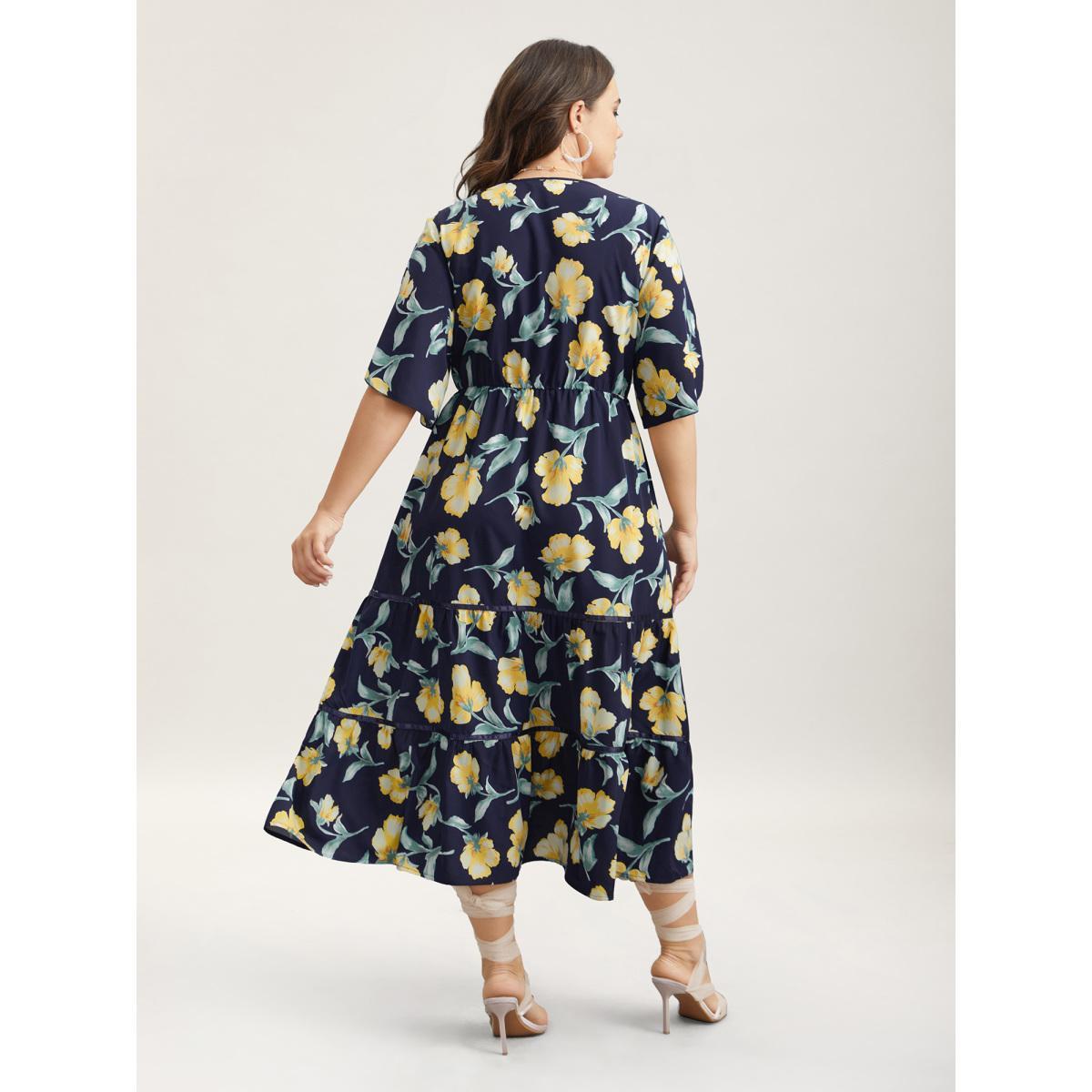 Plus Size Spring Flowers V-Neck Tiered Midi Dress Indigo Women Elegant Overlapping V-neck Half Sleeve Curvy BloomChic 28/5X Product Image