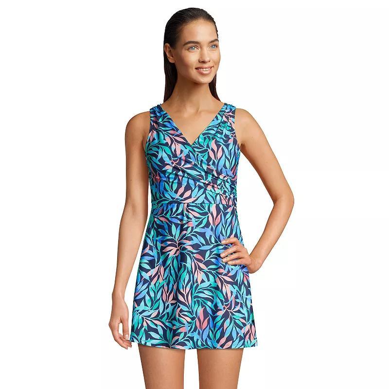 Womens Lands End Tummy Control Surplice Faux-Wrap One-Piece Swim Dress Deep Blue Leaves Product Image