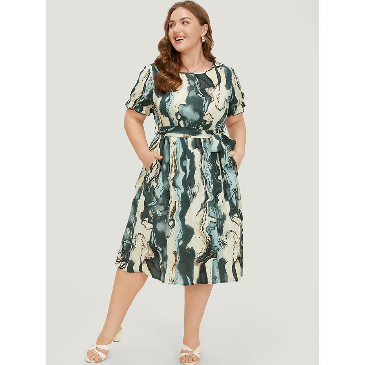 Plus Size Water Ripple Pocket Belt Puff Sleeve Dress Multicolor Women Elegant Round Neck Short sleeve Curvy Midi Dress BloomChic 10/M Product Image