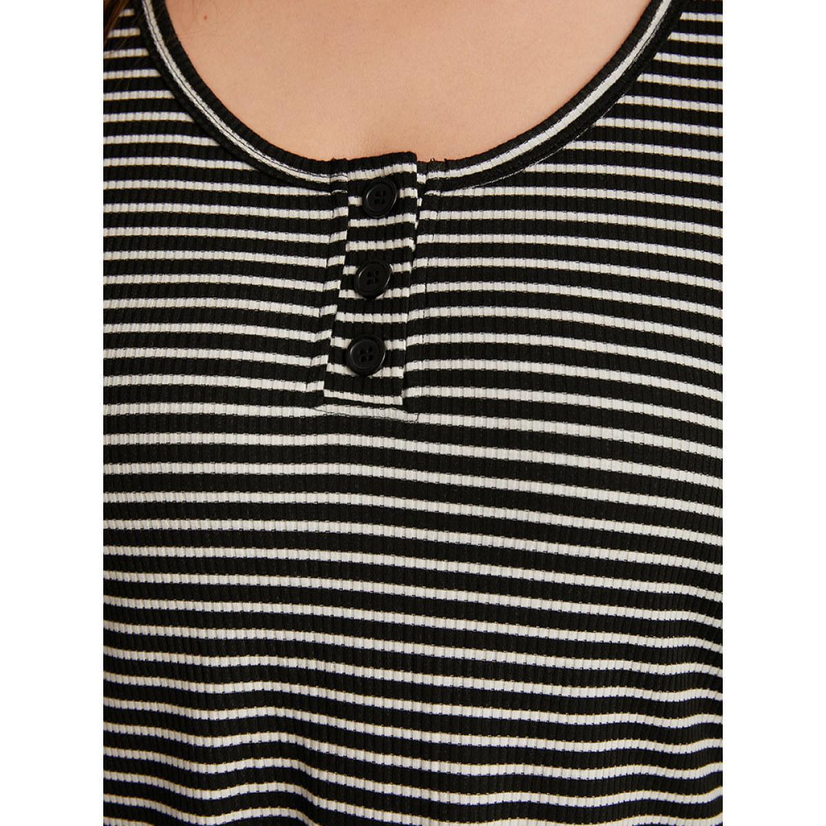 Plus Size Striped Button Up Curved Hem Patchwork T-shirt Black Women Casual Elastic cuffs Striped Open Front Dailywear T-shirts BloomChic 10/M Product Image
