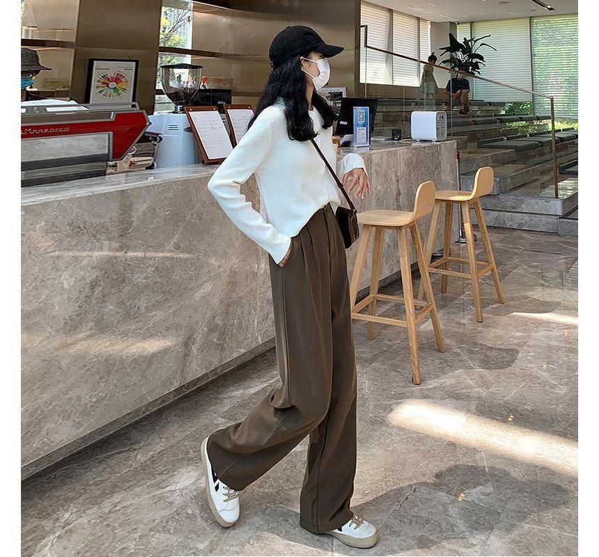 High Rise Plain Wide Leg Slacks (Various Designs) Product Image