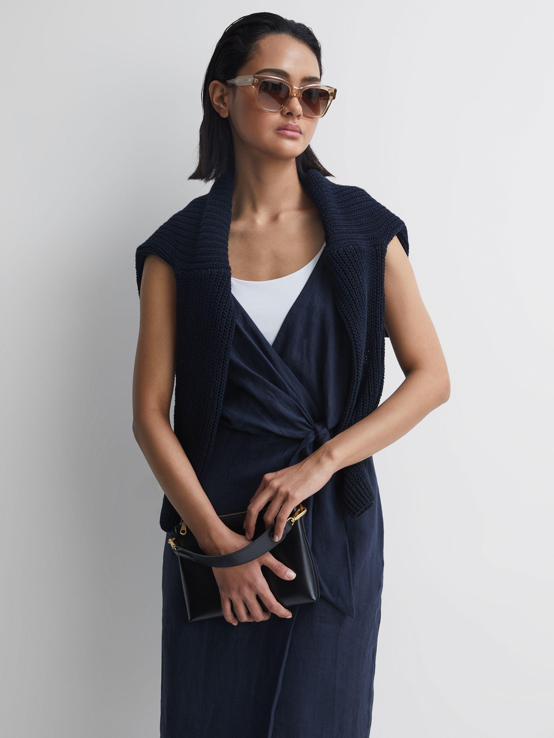 Linen Side Tie Midi Dress in Navy Product Image