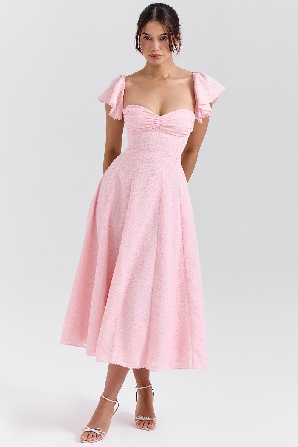 Emma Perfectly Pink Floral Jacquard Midi Dress Product Image