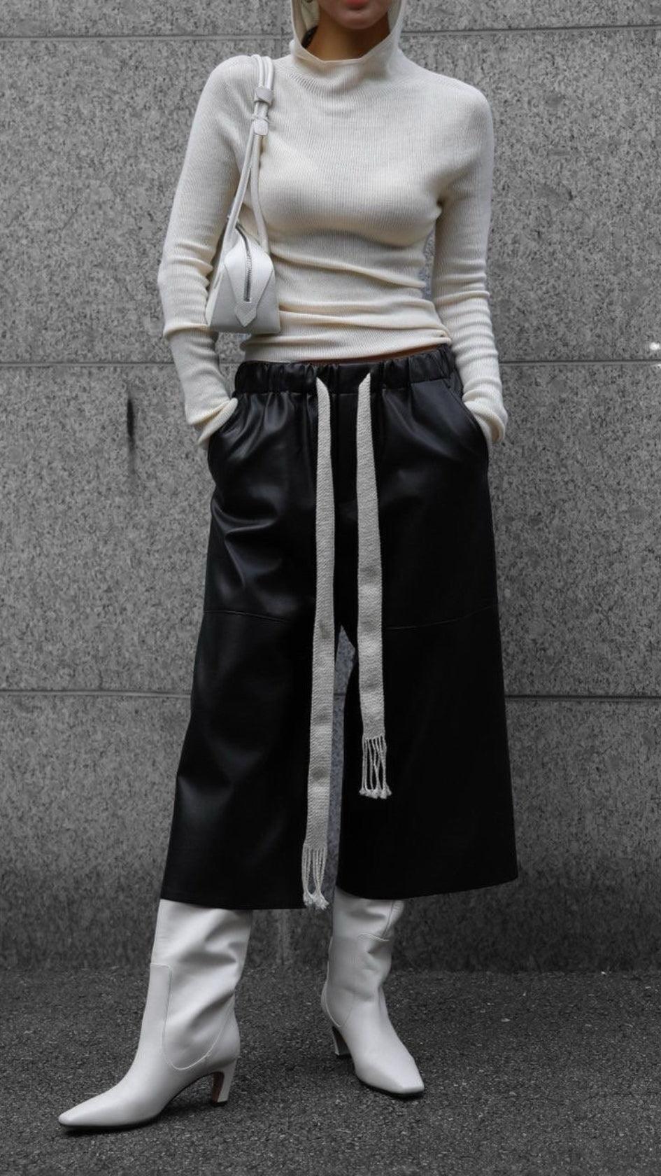 Azilia Vegan Leather Wide Leg Cropped Pants Product Image