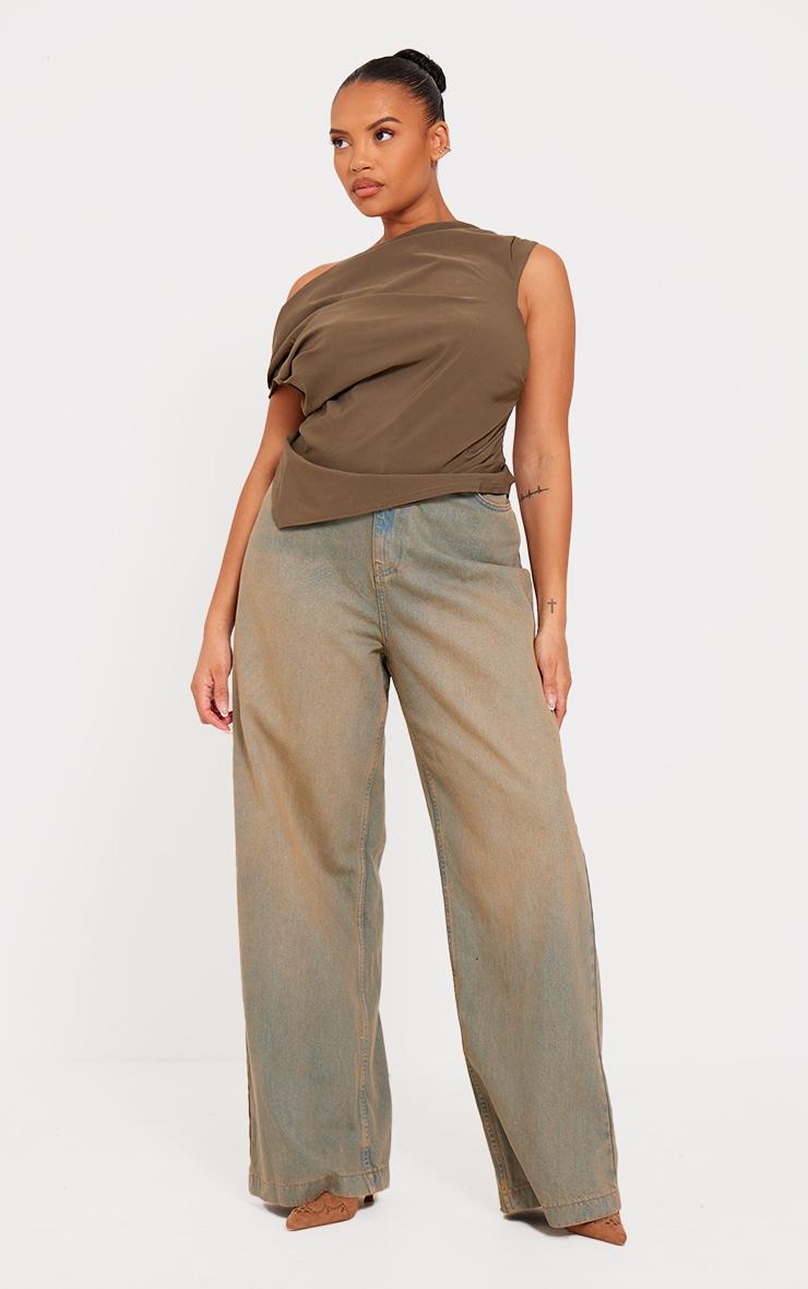 Plus Khaki Bengaline Ruched Asymmetric Long Top Product Image