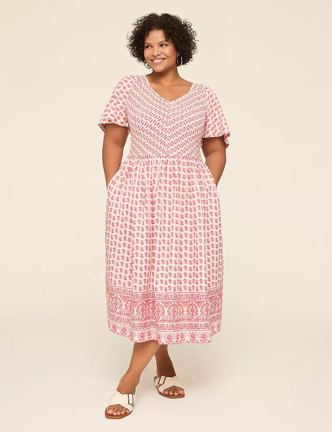 Smocked-Bodice Flutter-Sleeve Midi Dress Product Image