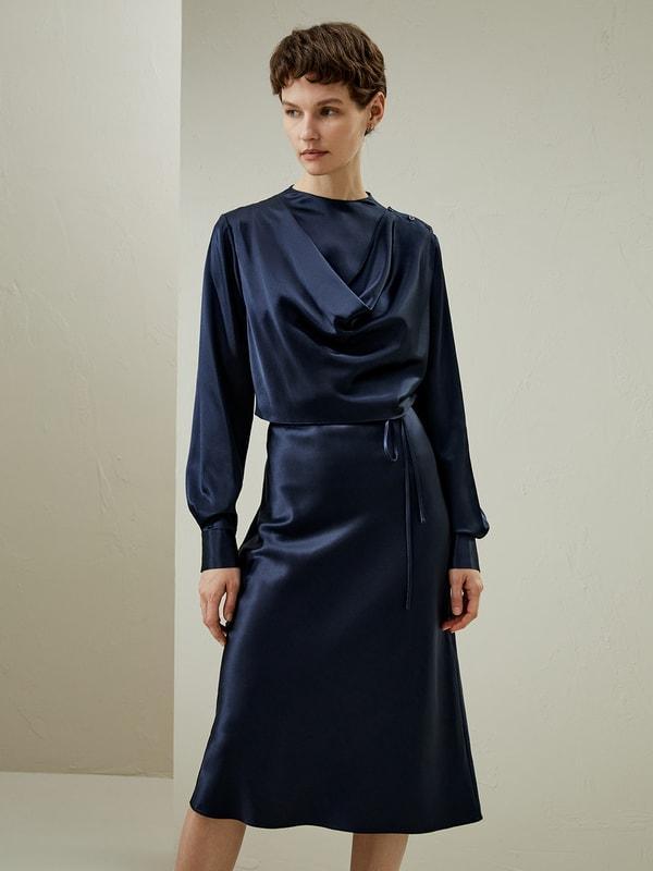 Mock Neck Silk Midi Dress Product Image