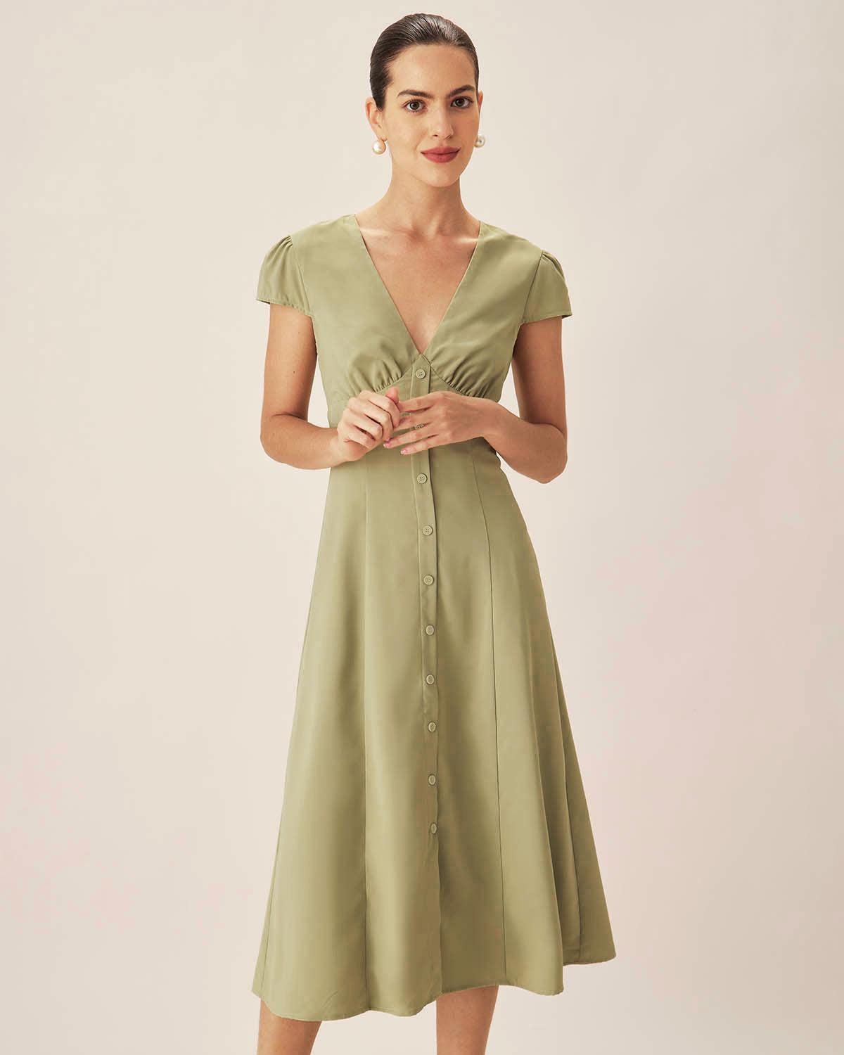 Green V-Neck Button Midi Dress Product Image