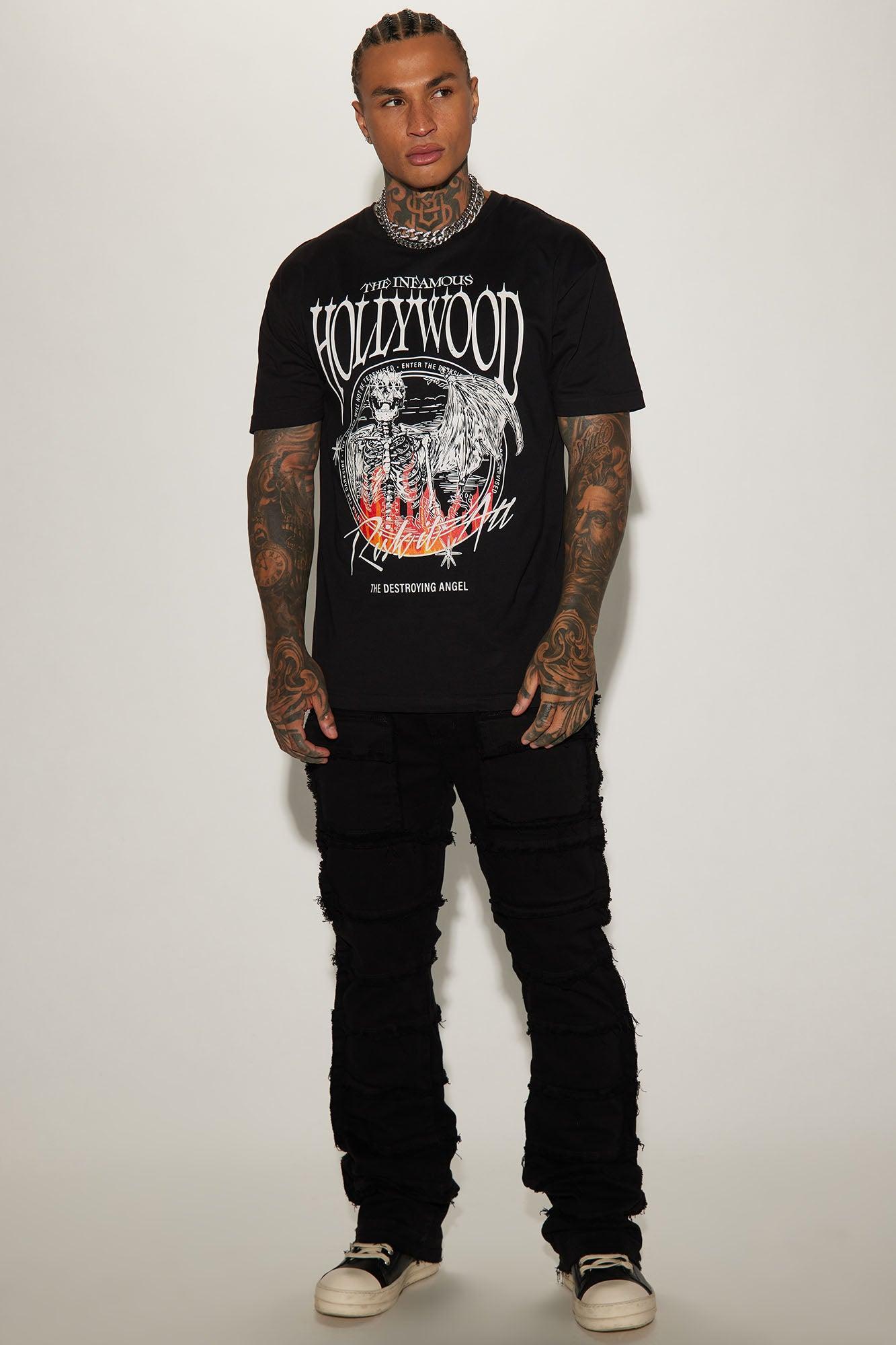 Square Pockets Fray Stacked Skinny Flare Pants - Black Product Image