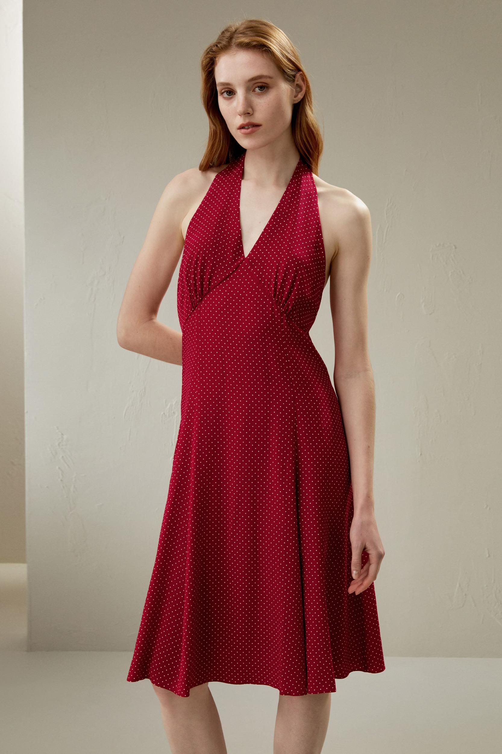 Polka Dot Halter Neck Silk Dress Product Image