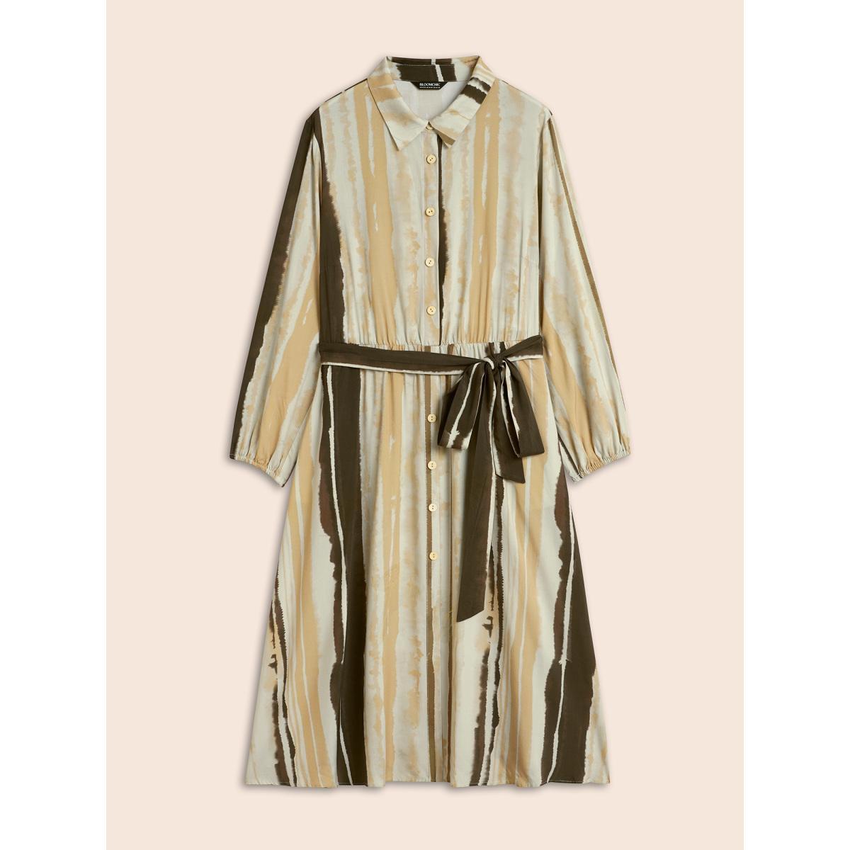 Plus Size Shirt Collar Striped Pocket Belted Dress Multicolor Women Elegant Belted Shirt collar Long Sleeve Curvy BloomChic 12/L Product Image