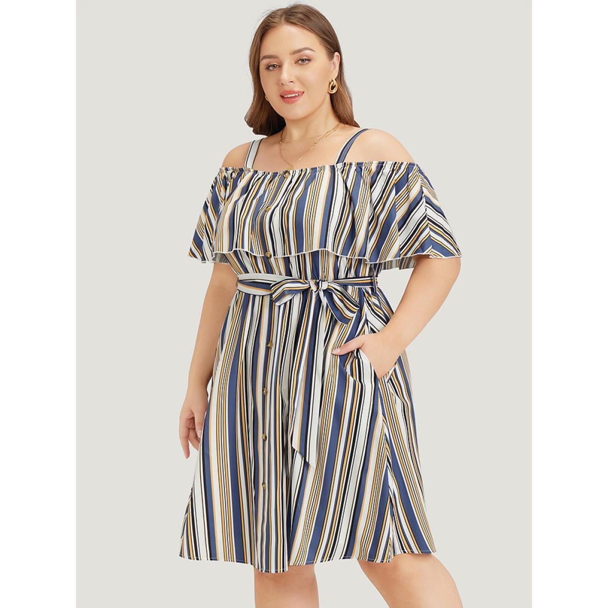 Plus Size Striped Cold Shoulder Belt Pocket Button Detail Dress Blue Women Vacation Adjustable Straps Spaghetti Strap Short sleeve Curvy Knee Dress BloomChic 18-20/2X Product Image