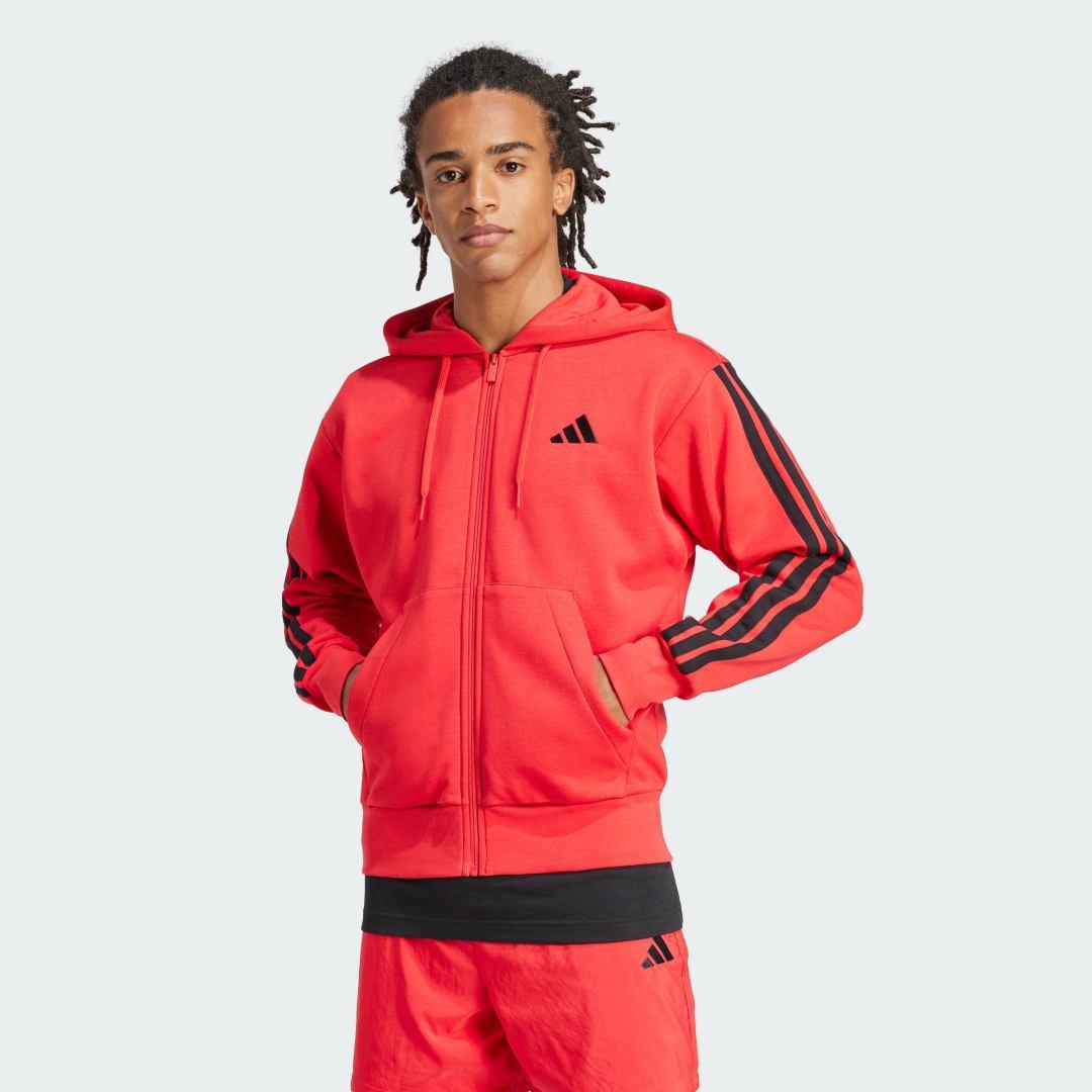 Men's adidas Essentials 3-Stripes Fleece Sportswear Zip Front Hoodie, Size: Small, Pure Ruby Black Product Image