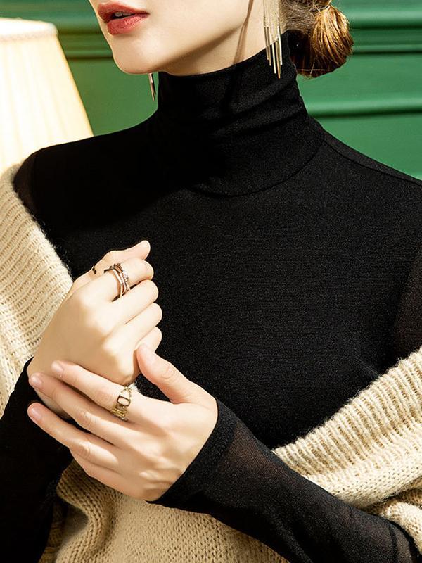 Long Sleeves Plus Size See-Through Solid Color Split-Joint High Neck T-Shirts Product Image