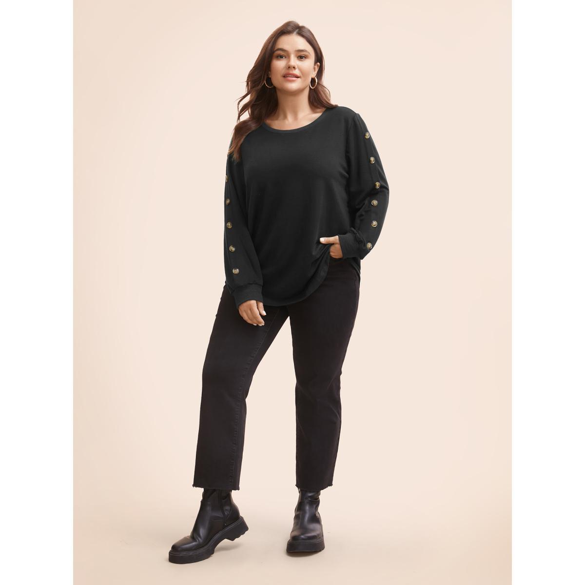 Plus Size Crew Neck Patchwork Button Detail Sweatshirt Women Black Casual Patchwork Round Neck Everyday Sweatshirts BloomChic 28/5X Product Image