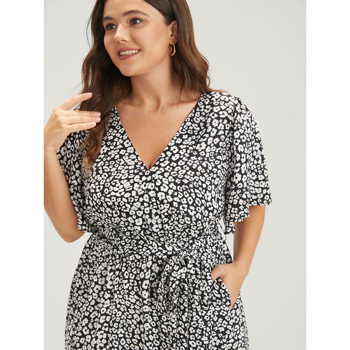 Plus Size Floral Knotted Pocket Flutter Button Wrap Dress BlackFlower Women Elegant Belted V-neck Short sleeve Curvy Midi Dress BloomChic 30/6X Product Image