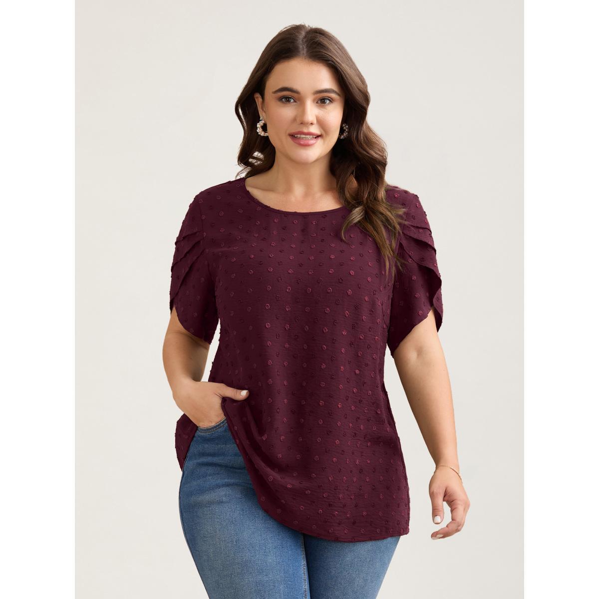 Plus Size DarkGreen Textured Color Contrast Petal Sleeve Blouse Women Timeless Short sleeve Round Neck Elegant Blouses BloomChic 14-16/1X Product Image