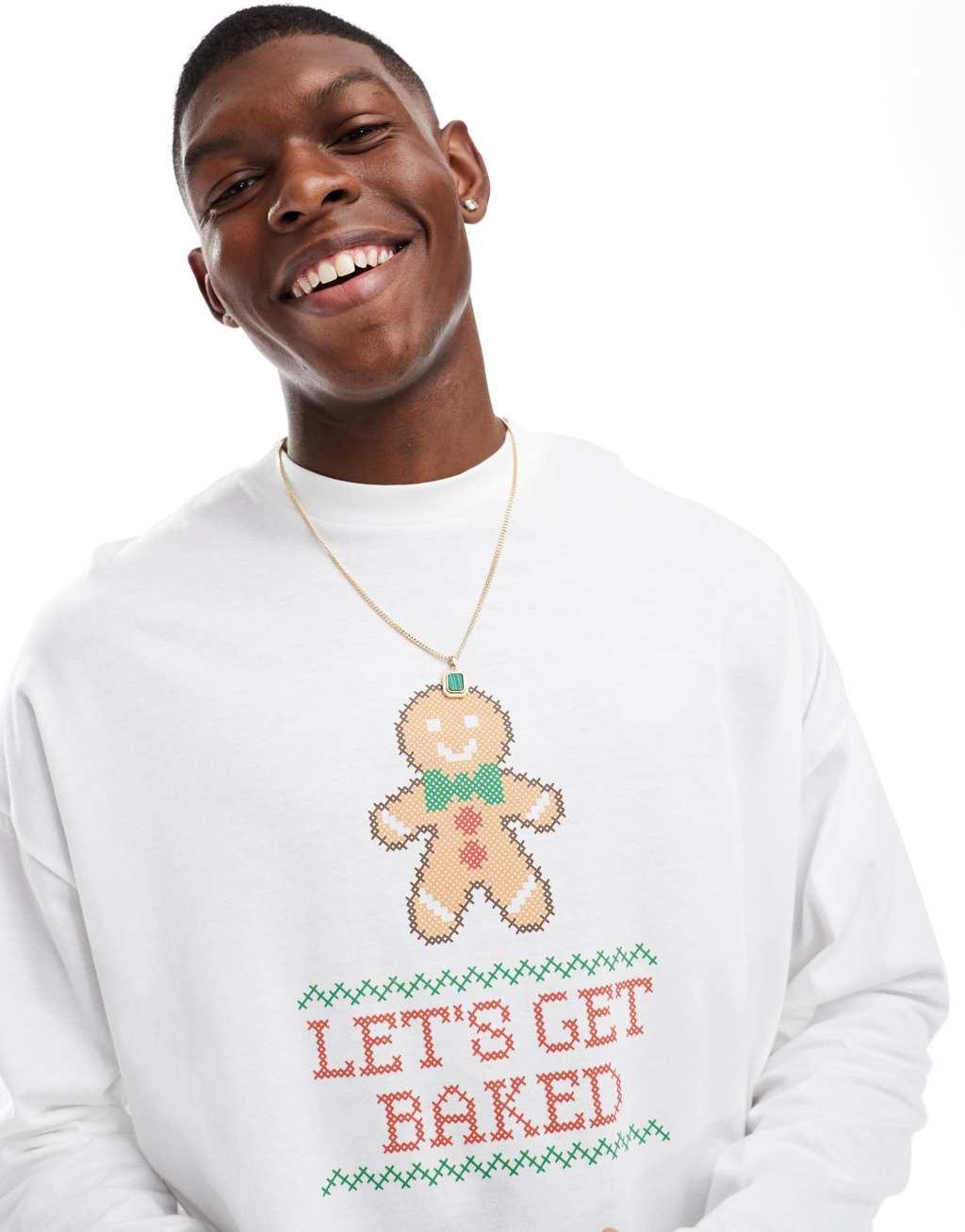 ASOS DESIGN oversized long sleeve t-shirt with Christmas graphic in white Product Image