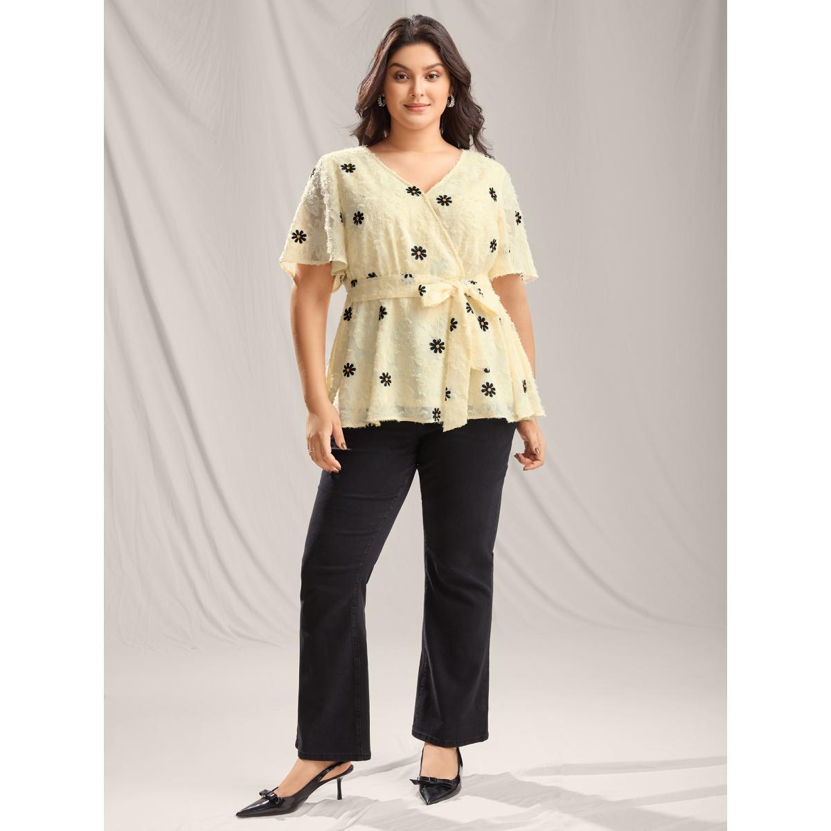 Plus Size Beige Textured Embroidery Surplice Belted Blouse Women Short sleeve Overlap Collar Everyday-Elegant Blouses BloomChic 26/4X Product Image