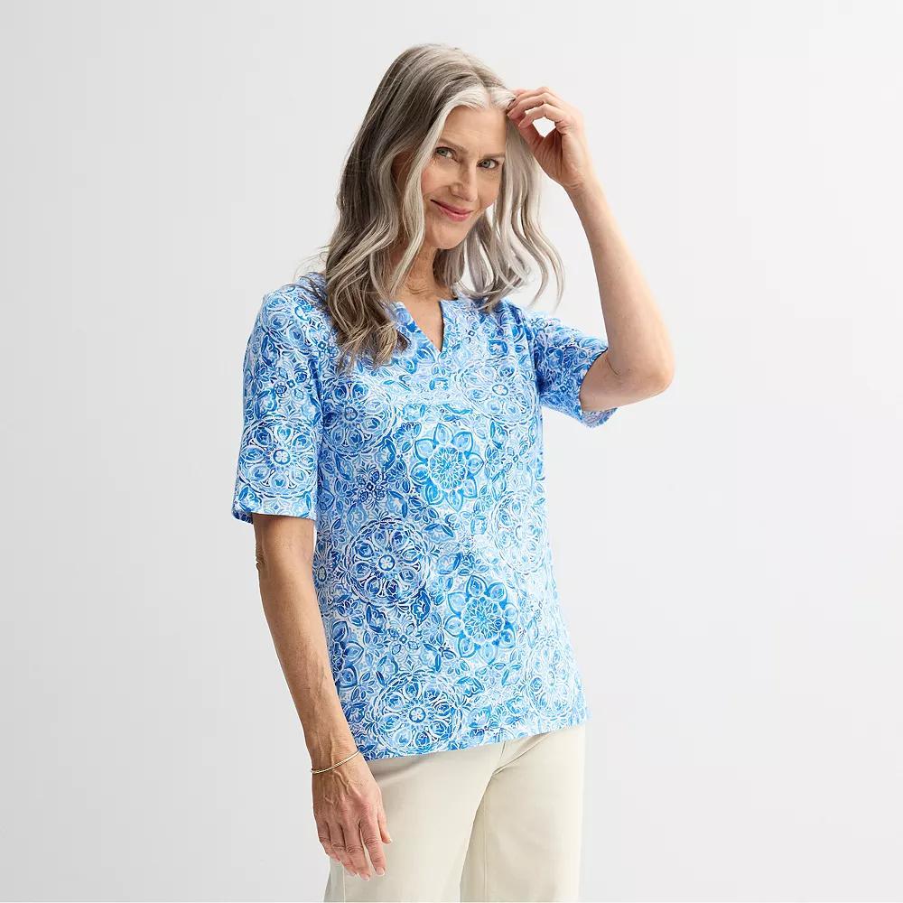 Petite Croft & Barrow® Elbow Sleeve Splitneck Top, Women's, Size: XS Petite, Blue Watercolor Tile Product Image