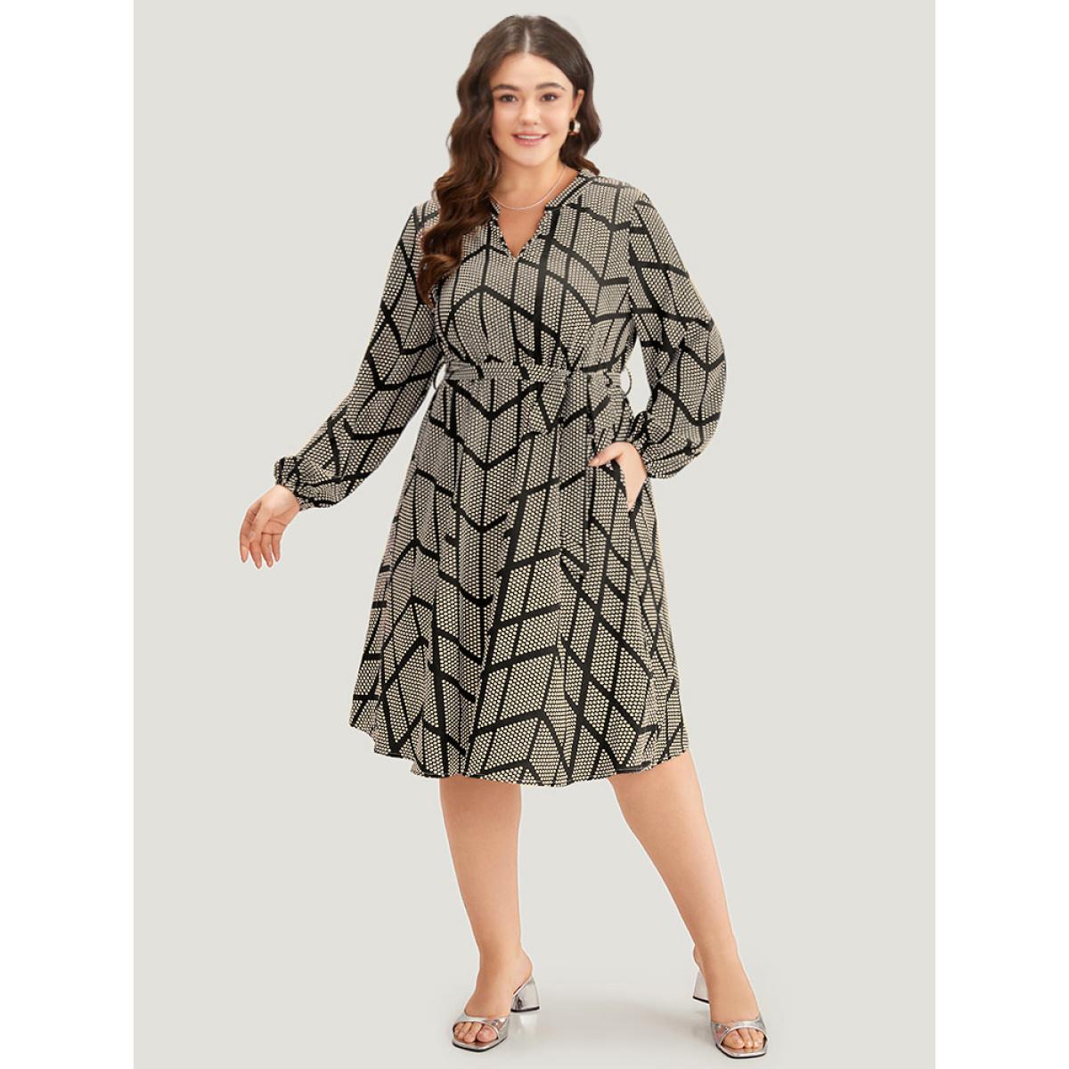 Plus Size Polka Dot Geometric Belted Lantern Sleeve Dress Black Women Office Elastic cuffs Notched collar Long Sleeve Curvy Midi Dress BloomChic 10/M Product Image