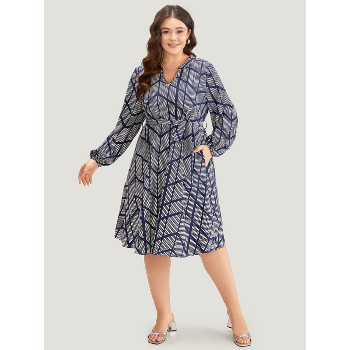 Plus Size Polka Dot Geometric Belted Lantern Sleeve Dress Black Women Office Elastic cuffs Notched collar Long Sleeve Curvy Midi Dress BloomChic 10/M Product Image