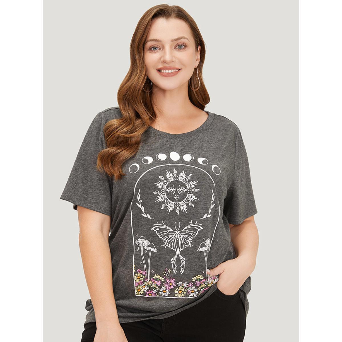 Plus Size Butterfly & Moon Print Heather Graphic T-shirt DimGray Women Casual Heather Star and moon Dailywear T-shirts BloomChic 28/5X Product Image