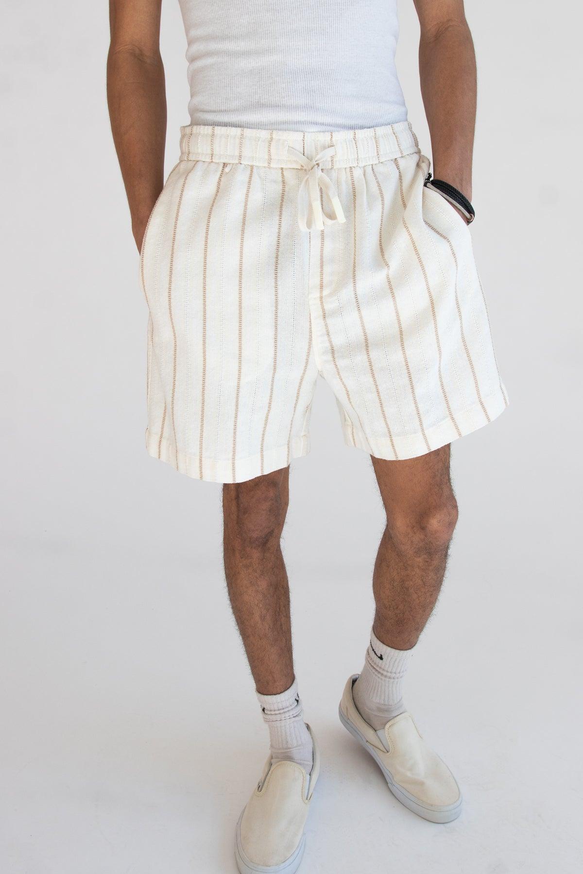 Khaki & White Striped Textured Shorts Product Image