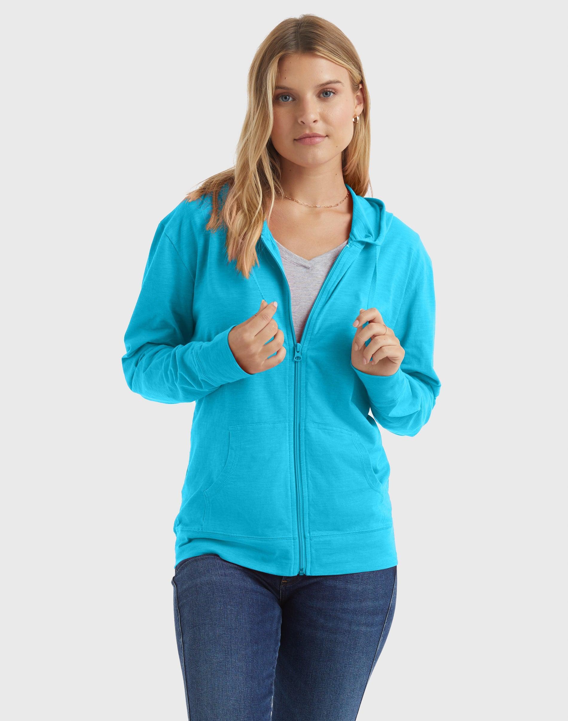 Women's Hanes® Slub Jersey Full Zip Hooded Sweatshirt, Size: Medium, Blue Product Image