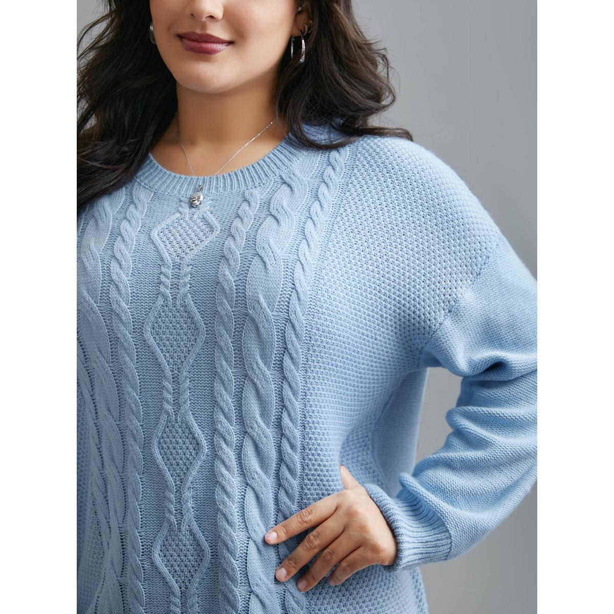 Plus Size Solid Round Neck Plisse Cable Knit Pullover LightBlue Women Casual Loose Long Sleeve Round Neck Everyday Pullovers BloomChic 22-24/3X Product Image