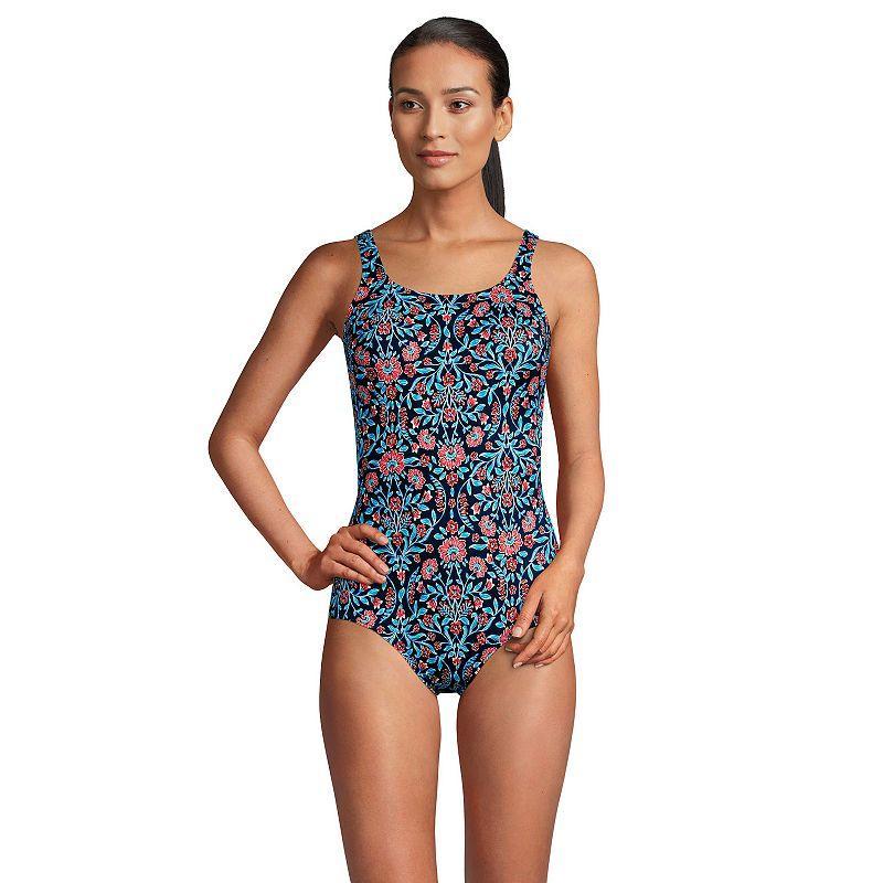 Womens Lands End Tugless Sporty UPF 50 One-Piece Swimsuit Blue Adorn Floral Product Image