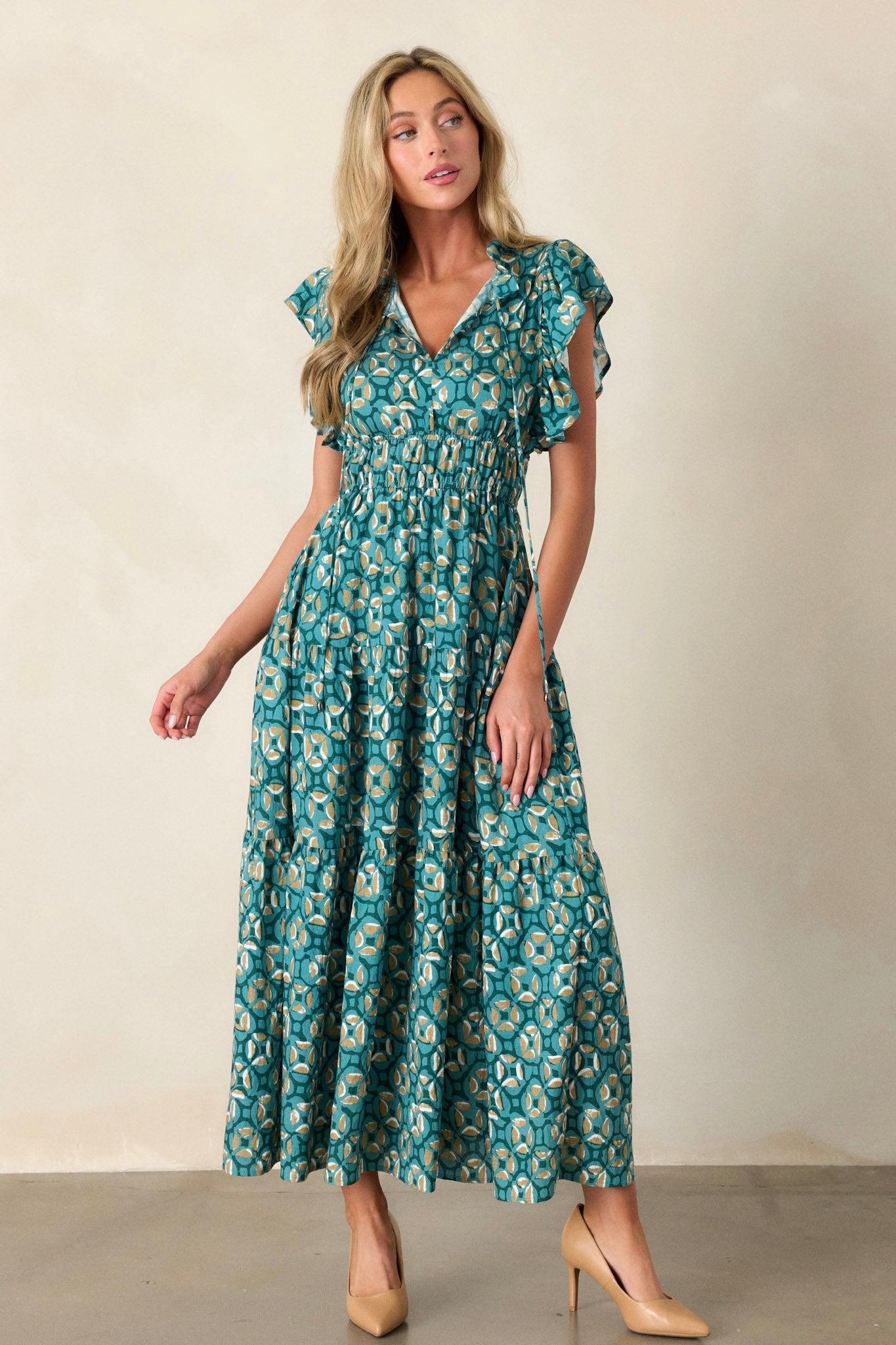 Vintage Vow Green Ruffle Sleeve Maxi Dress Product Image