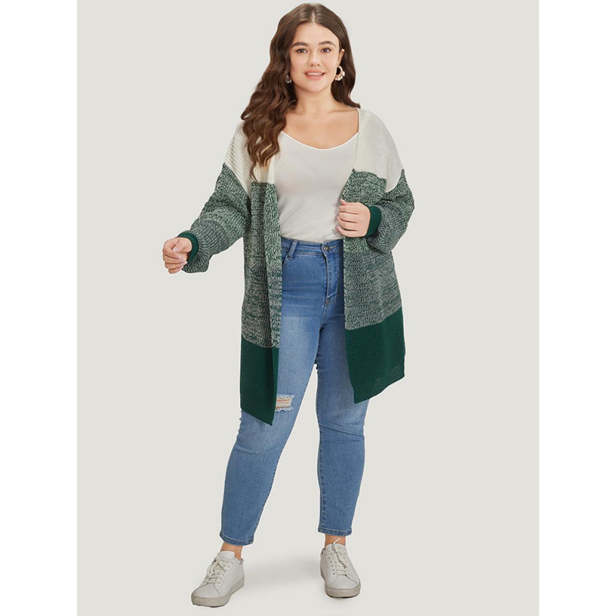 Plus Size Colorblock Drop Shoulder Patchwork Cardigan Green Women Casual Loose Long Sleeve Dailywear Cardigans BloomChic 12/L Product Image