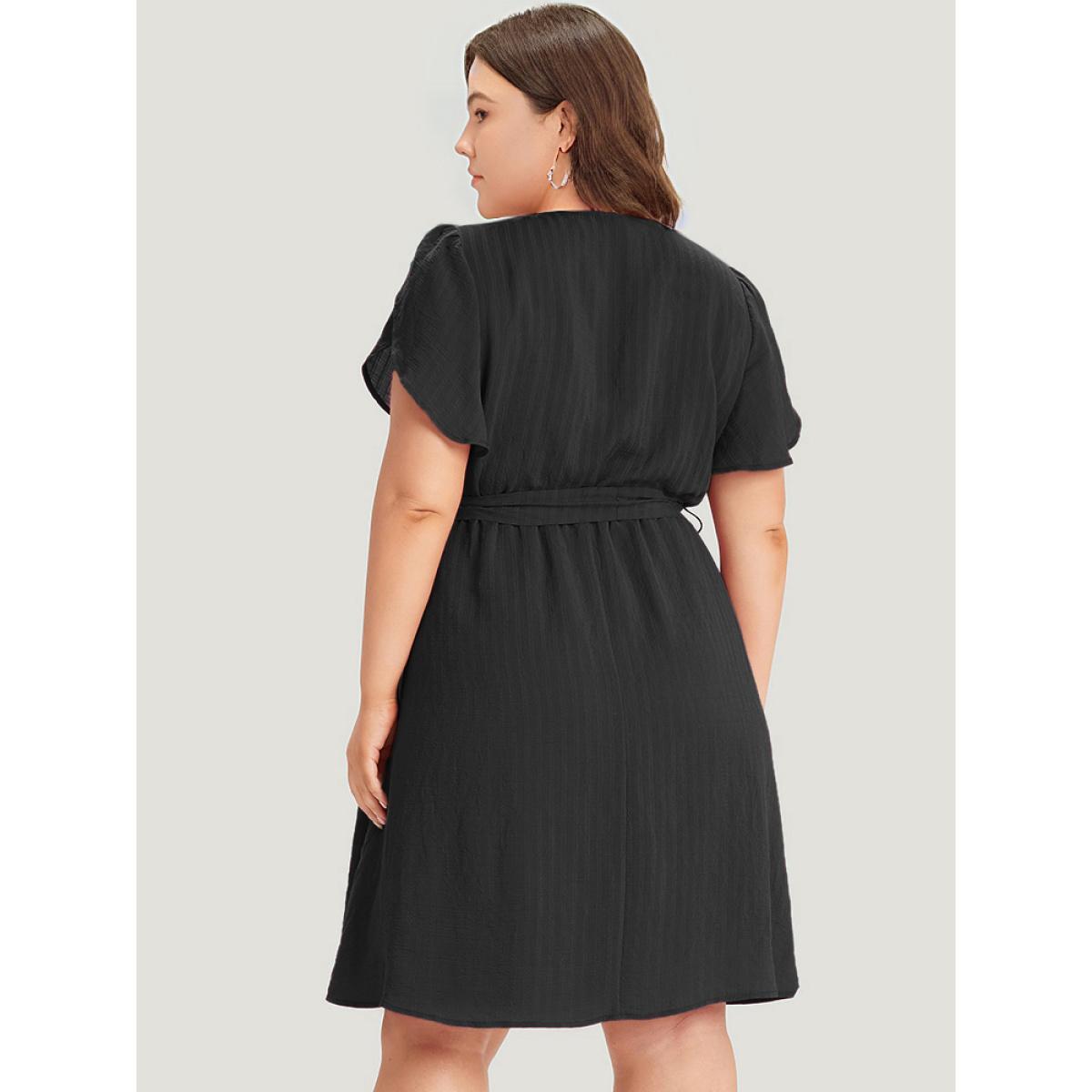 Plus Size Solid Irregular Neck Pocket Button Detail Petal Sleeve Dress Black Women Office Button Asymmetrical Neck Short sleeve Curvy Knee Dress BloomChic 26/4X Product Image