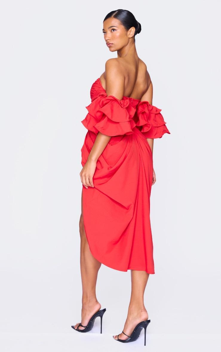 Red Bardot Frill Sleeve Draped Midi Dress Product Image