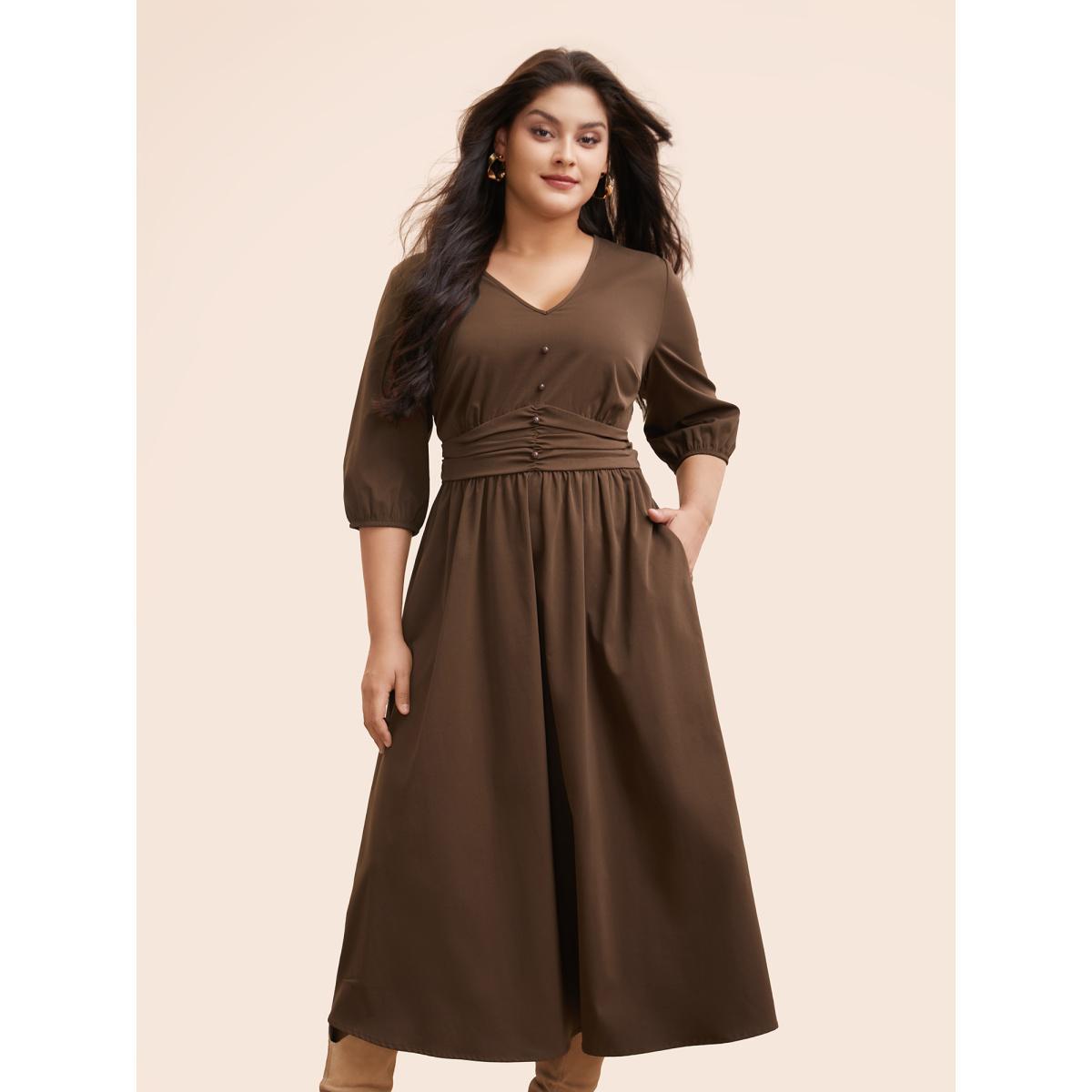 Plus Size V Neck Shirred Ruched Midi Dress DarkBrown Women Elegant Gathered V-neck Elbow-length sleeve Curvy BloomChic 26/4X Product Image