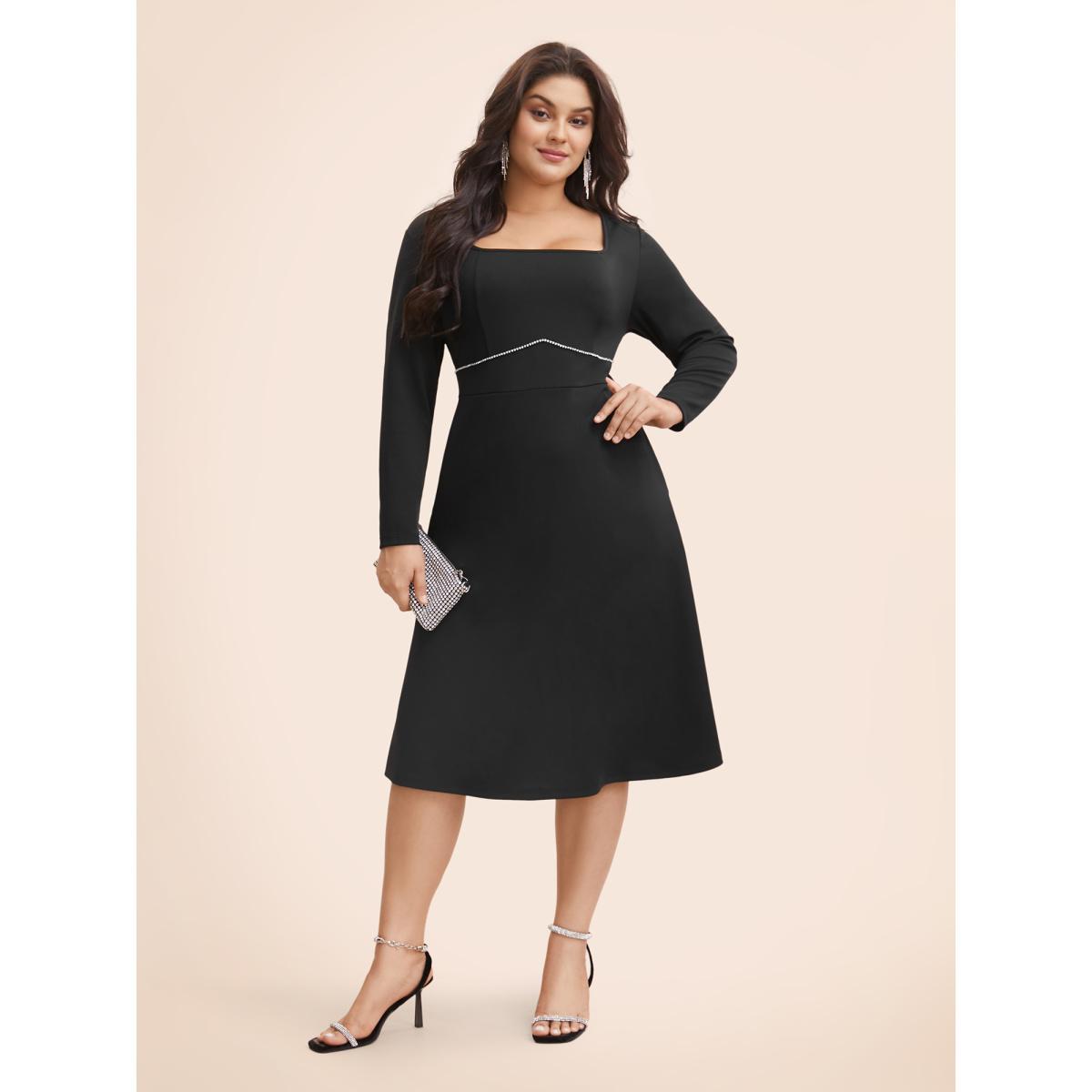 Plus Size Square Neck Shirred Rhinestone Midi Dress Black Women Cocktail Rhinestone detailing Party Curvy Bloomchic 30/6X Product Image