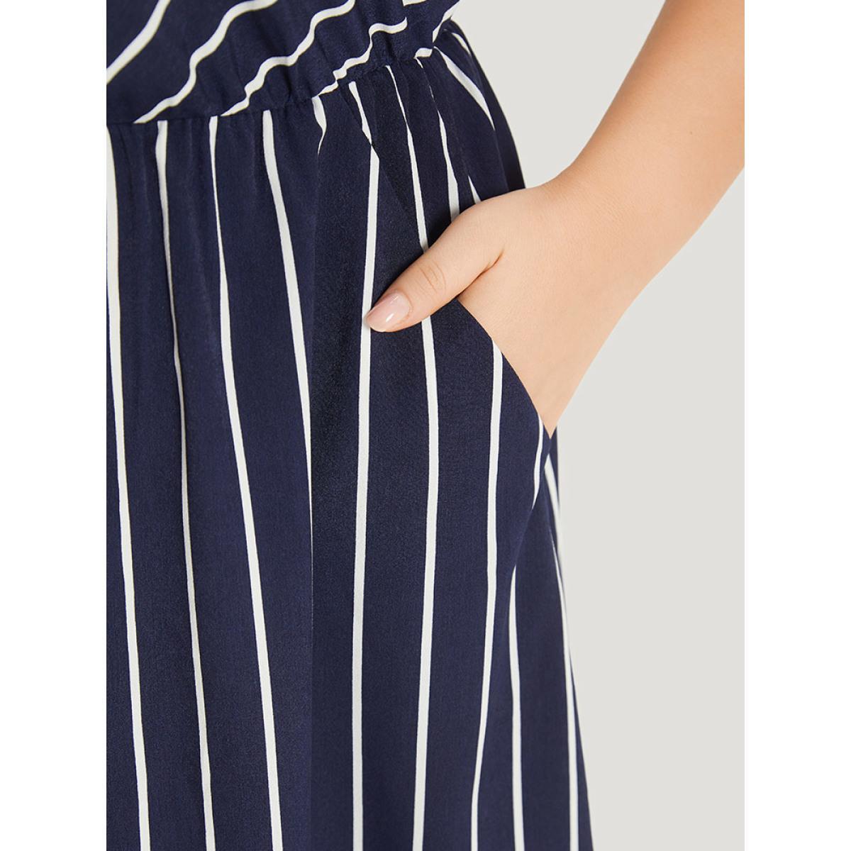 Plus Size Striped Button Detail Elastic Waist Pocket Tank Dress DarkBlue Women Elegant Elastic Waist Scoop Neck Sleeveless Curvy Midi Dress BloomChic 12/L Product Image