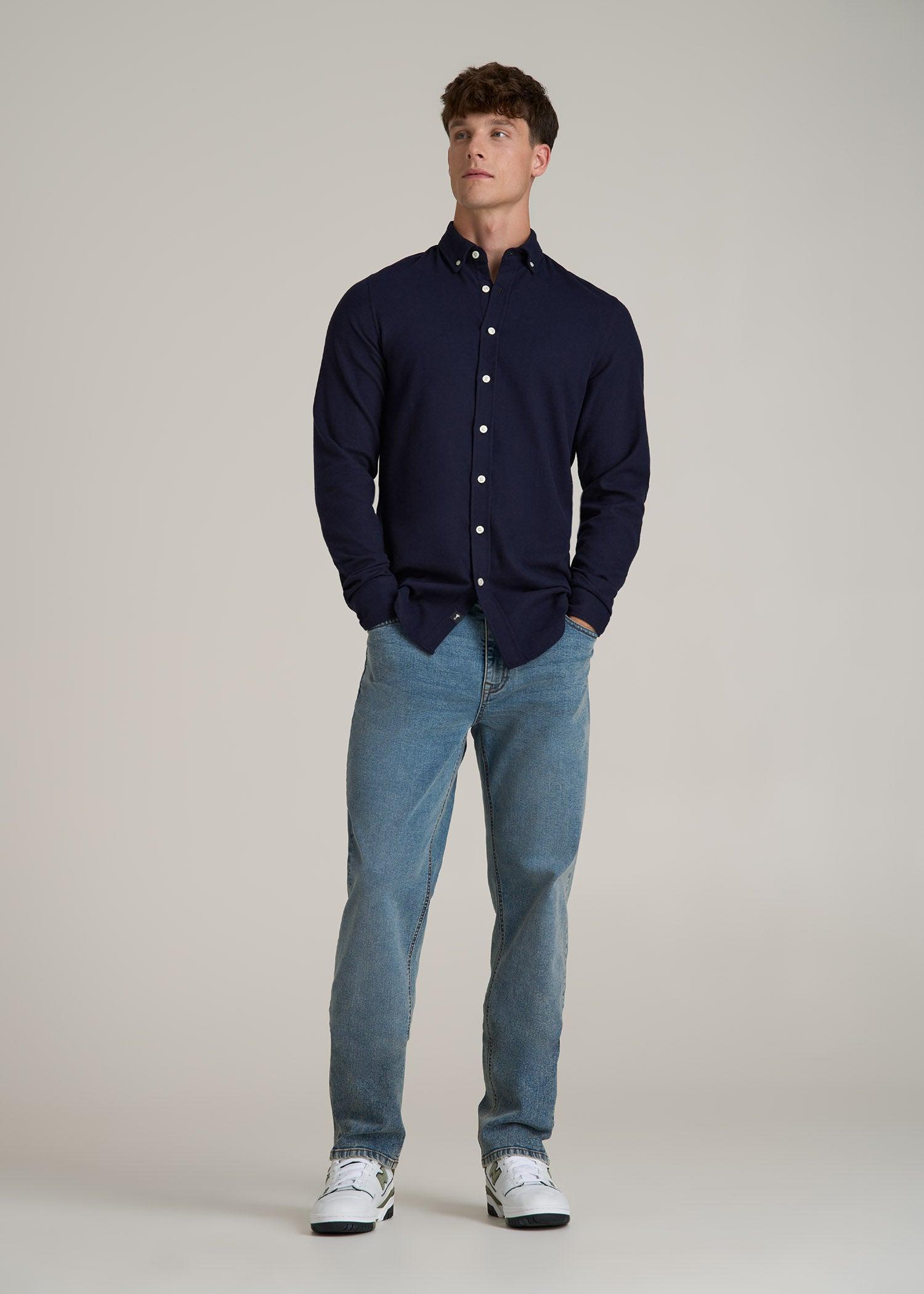 Midweight Brushed Flannel Button Shirt for Tall Men in Evening Blue Product Image