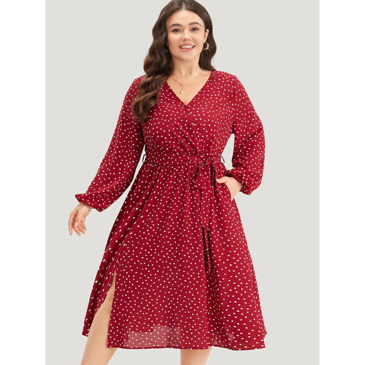 Plus Size Polka Dot Split Side Belted Lantern Sleeve Dress Scarlet Women Elegant Elastic cuffs V-neck Long Sleeve Curvy Midi Dress BloomChic 18-20/2X Product Image