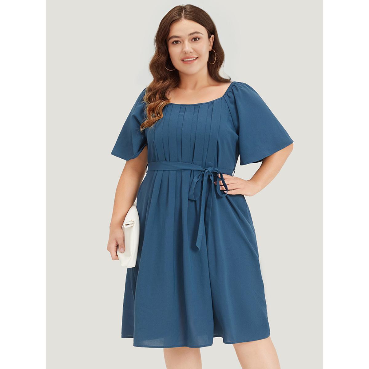 Plus Size Plain Pocket Belted Pleated Raglan Sleeve Dress Aegean Women Office Gathered Round Neck Short sleeve Curvy Midi Dress BloomChic 28/5X Product Image